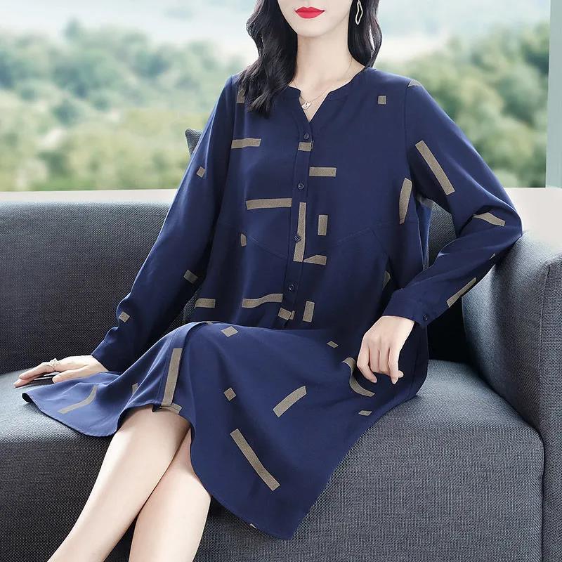 Temperament Loose Shirt Dress Was Thin Covering Belly Skirt Large Size Women's A-line Mid-length Dress Fabric Soft and Sweat-absorbent