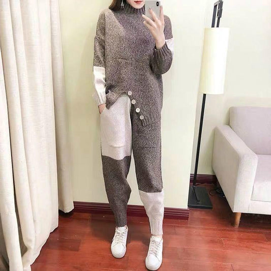 2pcs/set  Two Piece Set Pullover Sweater Tracksuit Women  Irregular Hem Sweater +High Waist Knit Pants  2 Piece Set Women Winter Outfits