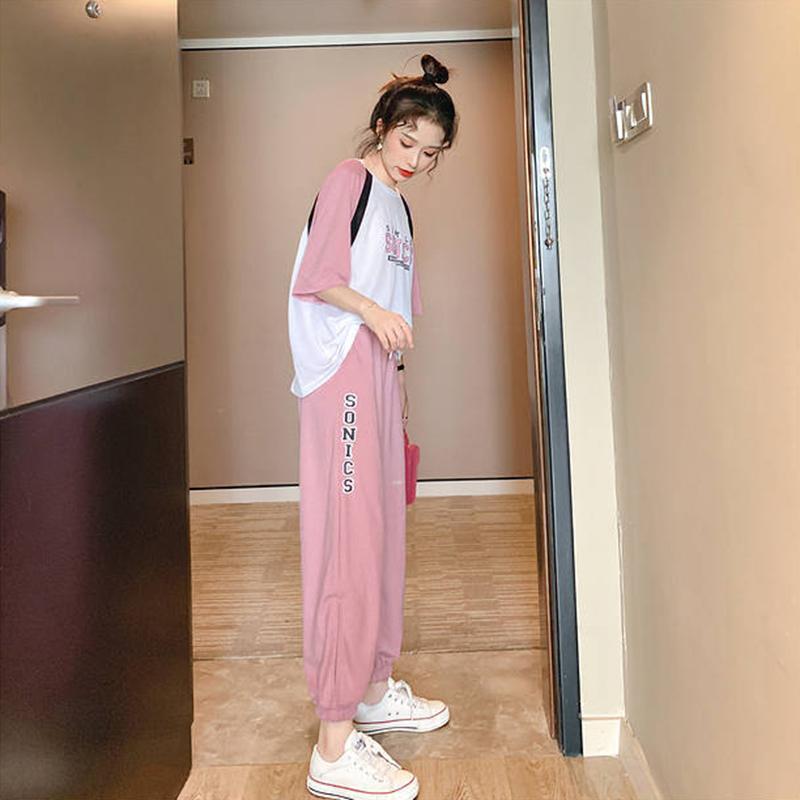 Cute Casual Sportswear Suit Female Summer Two-piece Suit Loose Cool Round Neck Short-sleeved T-shirt + Loose Sports Pants Fabric Light and Breathable