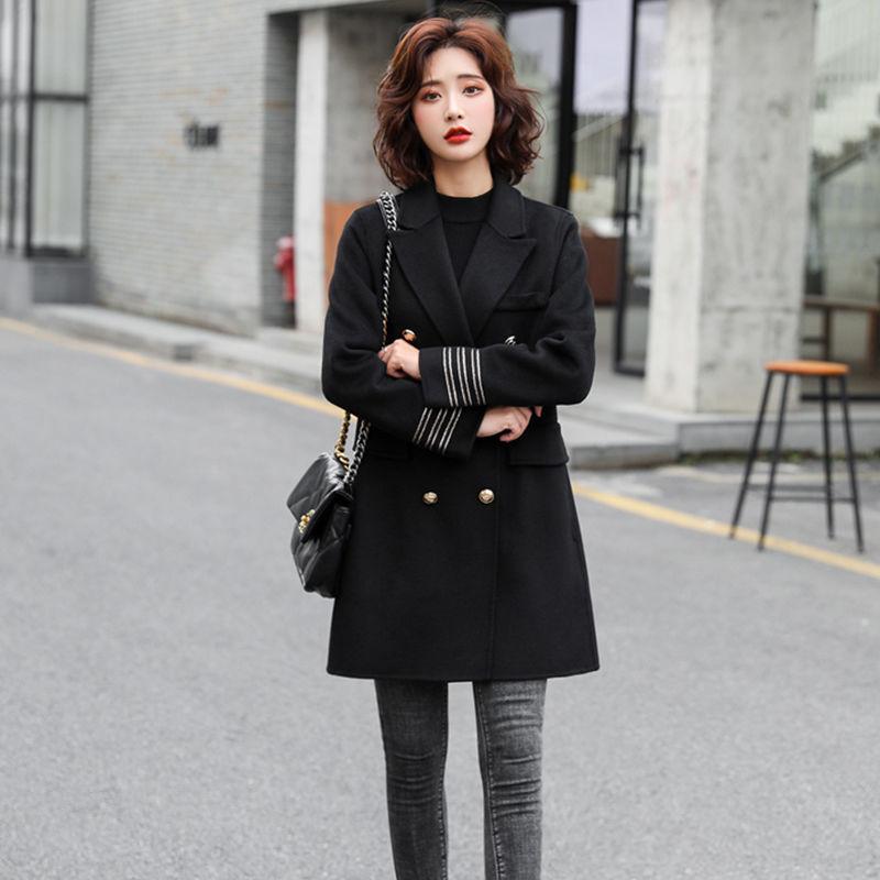 Fashion Winter Jacket Women's Double Breasted Mid-length Wool Coat Solid Color Loose Female Woolen Jacket Plus Size S-XL