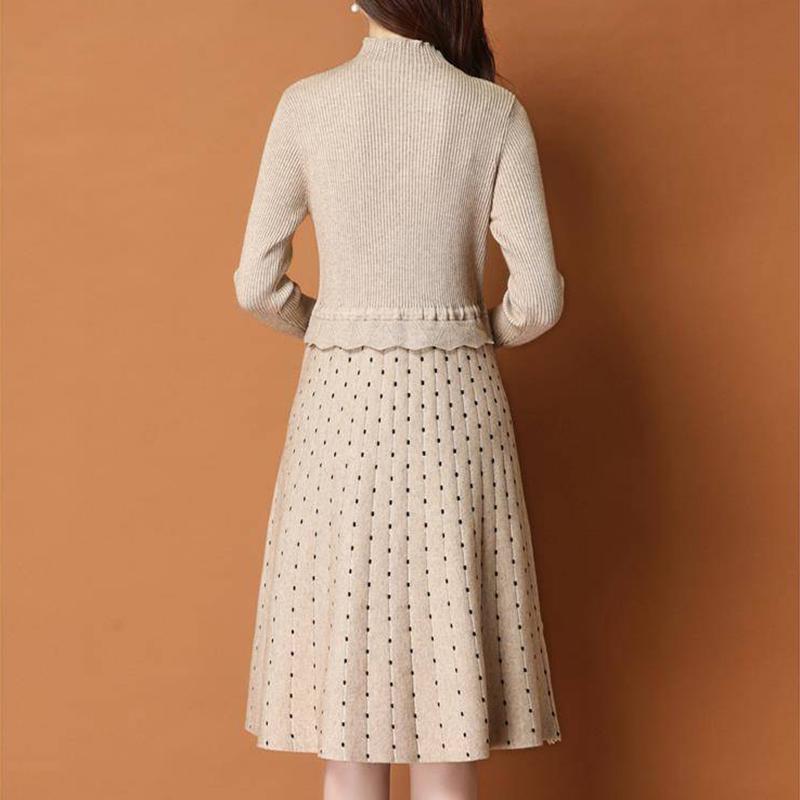 Winter Knit Dress Long Sleeve Slim Fit Polka Dot Sweater Dress Lady Ladies Warm Long Skirt