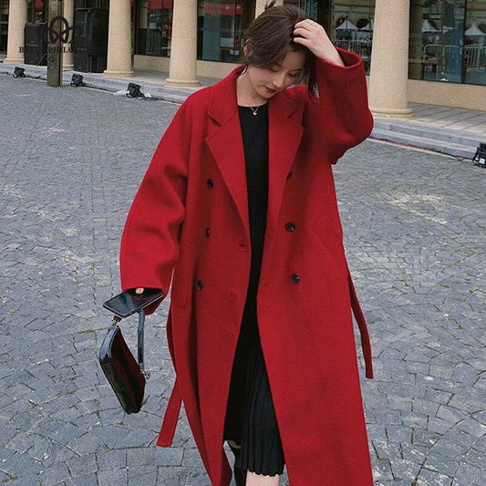 Autumn Winter Single-breasted Woolen Coat Vintage Female Long Korean Fashion Long Jackets Casual Street Lady Outwears