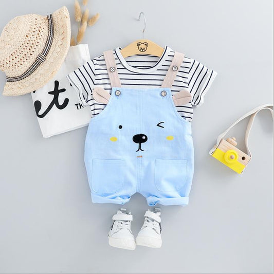 Baby Summer Carrying Pants Set Boys and Girls Baby Suit Summer Short Sleeve Stripe Embroidery Two Piece Set 1-3 Years Old