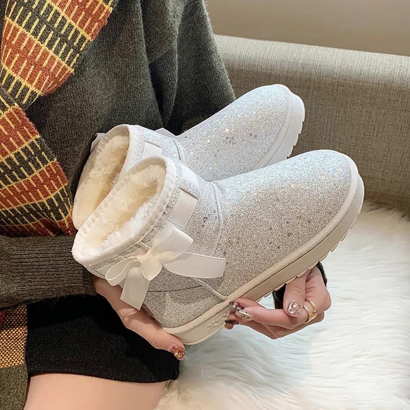 Bowknot Snow Boots Women's Winter Korean Version of Wild Plus Velvet Thick Warm Bread Shoes