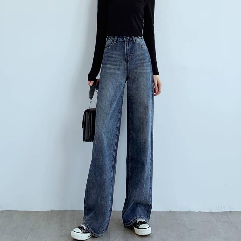 Fashion Women Blue Straight Wide Leg Jeans High Waist Pockets Denim Trousers Plus Size Female Casual