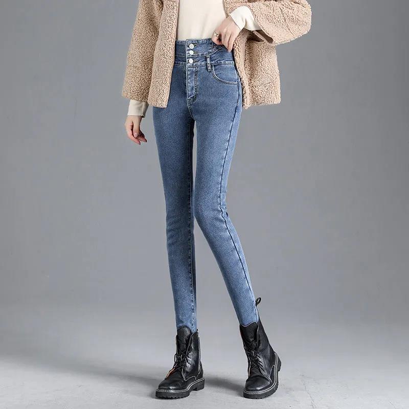 Fleece High-waist Jeans Women's Feet Winter Slim Slimming Skinny All-match Pencil Thickened Pants Warm and Windproof Single-breasted