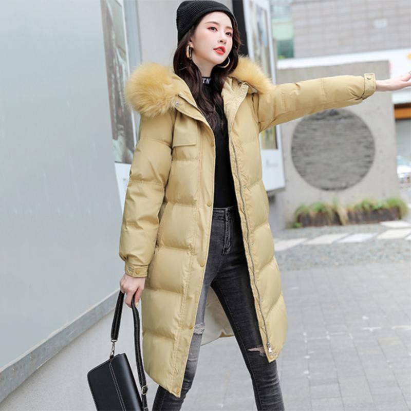 Women's Solid Color Hooded Down Jacket  Long Korean Loose Thick Coat Warm Cotton Coat  Large Wool Collar Winter Quilted Coat