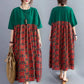 Women's Round Neck Half Sleeve Dress Retro Fashion Floral Print Cotton Long Dress