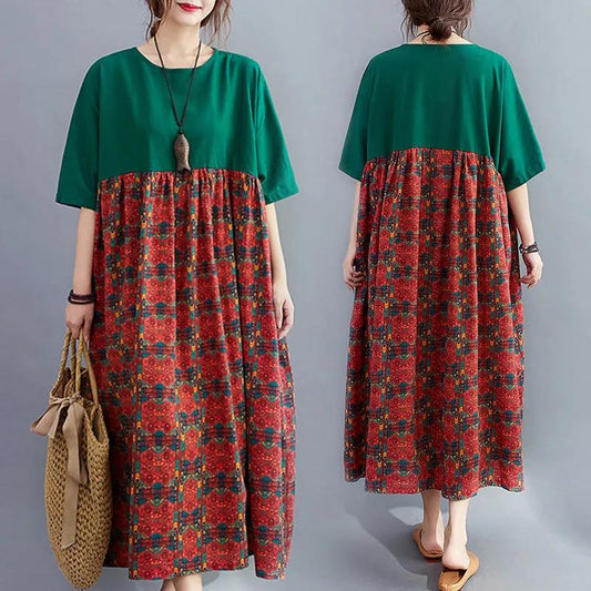 Women's Round Neck Half Sleeve Dress Retro Fashion Floral Print Cotton Long Dress