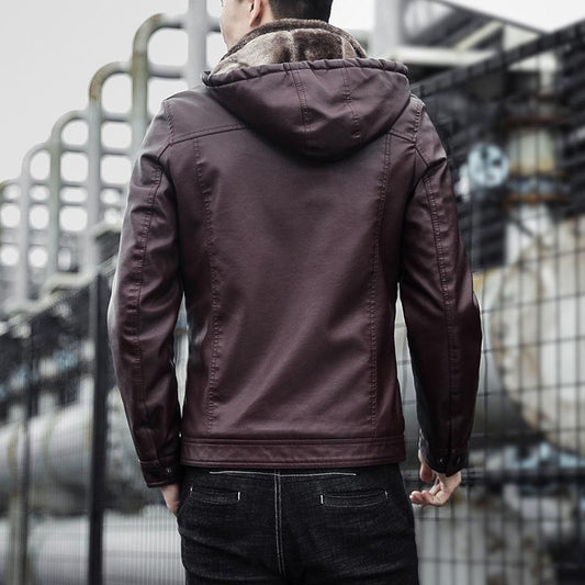 Plush Thick Men's Leather Jacket Winter Slim Hooded Trendy Handsome Motorcycle Leather Jacket