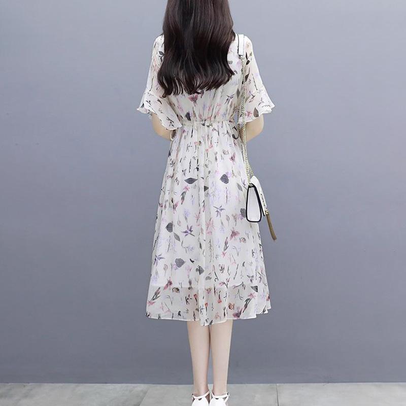 Chiffon Dress Summer Temperament Was Thin, Printed Fairy A-line Mid-length Waist Floral Skirt Round Neck Short-sleeved Ladies Chiffon Dress