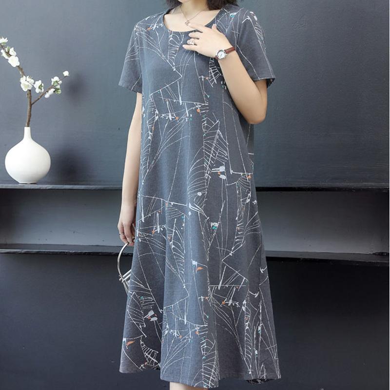 Women's Summer Plus Size Dress Loose Casual Mid-length Over-the-knee Round Neck Pocket Short-sleeved Printed Skirt