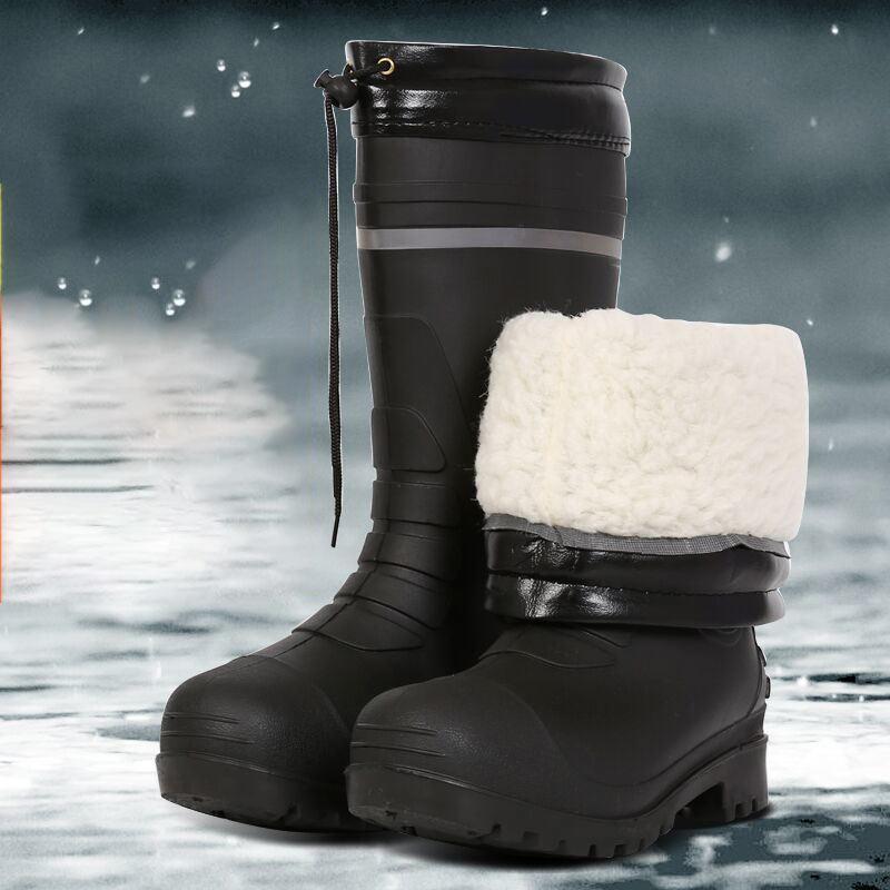 High Tube Rain Boots Men Thickened Middle Tube Rain Boots Warm Shoes Winter Water Shoes Cotton Rubber Shoes Plus Cotton Overshoes Car Wash Shoes