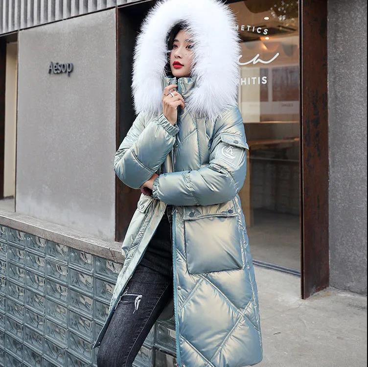 Glossy Disposable Down Padded Jacket Women's Mid-length Korean Style Winter Loose White Large Fur Collar Fashion Padded Jacket