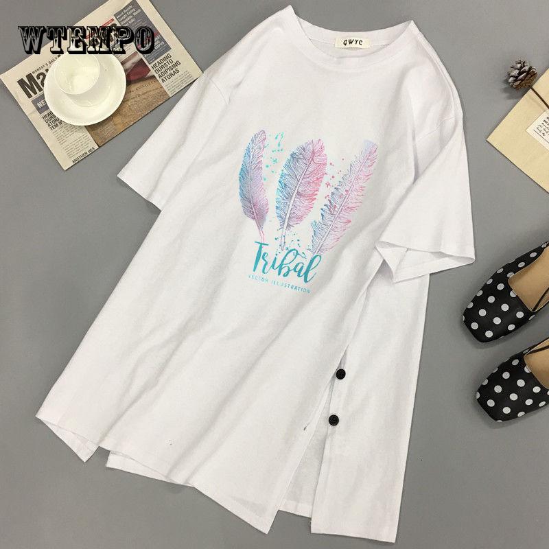 WTEMPO Plus size Print Long T shirts Summer Women Loose Slit Femme Tshirt Short sleeve Ladies t-shir