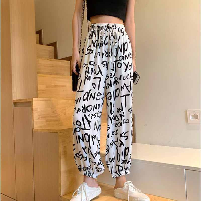 Sports Chiffon Casual Pants Women's Summer Letters Print Harlan Elastic Waist Loose Drawstring Lantern Pants