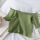 French Short Off Shoulder Knitting Shirt Female Summer Vertical Stripes Short Sleeve Ruffles Hem Crop Tops
