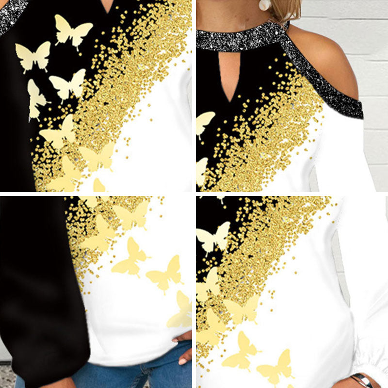 Butterfly Print T Shirt Casual Off Shoulder Cute Cat Loose Pullover Tops Fashion Autumn Clothes Long Sleeve Tops for Women 2022