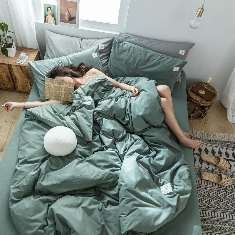 Washed Cotton Four-piece Set Pure Color Cotton Pure Cotton Bed Linen and Pillowcase Four-piece Set Nordic Bedding