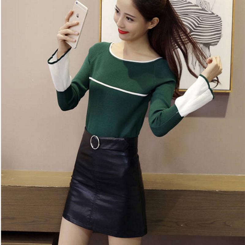 Pofulove flared sleeves hit color wild round neck jumper long sleeve bottoming sweater women
