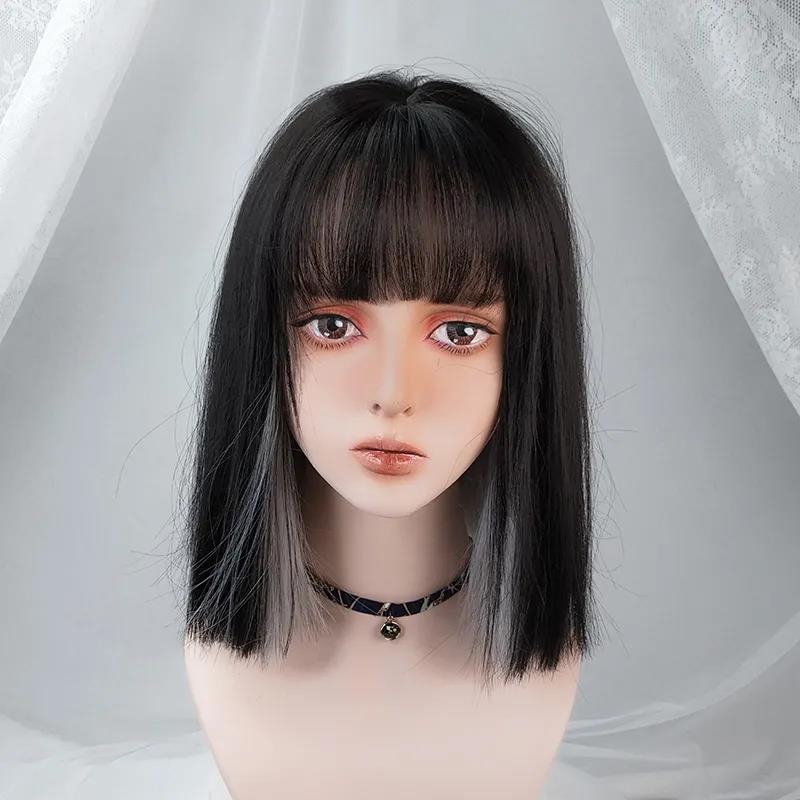 Wig Female Gradient Silver Gray Medium Length Short Straight Hair Comic Bangs Hanging Ears Dye Shoulder Net Red Cos