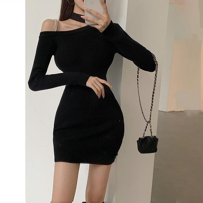 Knitted Dress Women's Bottoming Dress Bag Hip Skirt with Temperament Slim Sexy Strapless Long-sleeved Bottoming Skirt