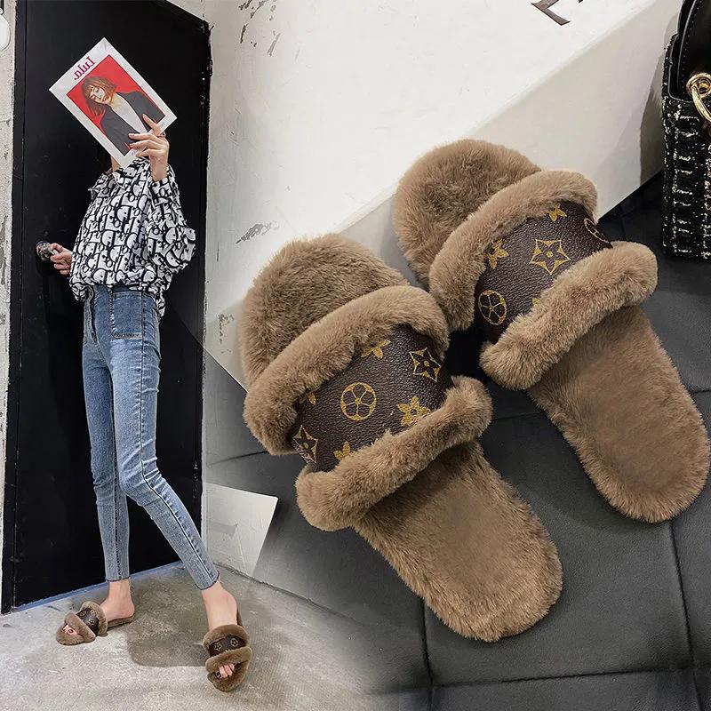 Slippers for Women Luxury Designer Leather Furry Winter Slipper Open Toe Slides Cotton Shoes Indoor Causal Ladies Slippers