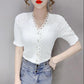 Women Lace Slim Shirt Button Cutout Cardigan V-neck Short Sleeve Top Casual Shirt French Vintage Top