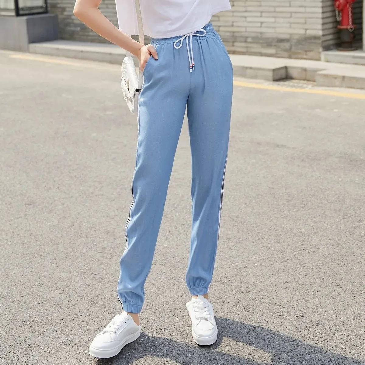 Women's Summer Thin Tencel Jeans Loose Drawstring Leggings Elastic High Waist Straight Pants Sports Casual Pants Harem Trousers Cropped pants