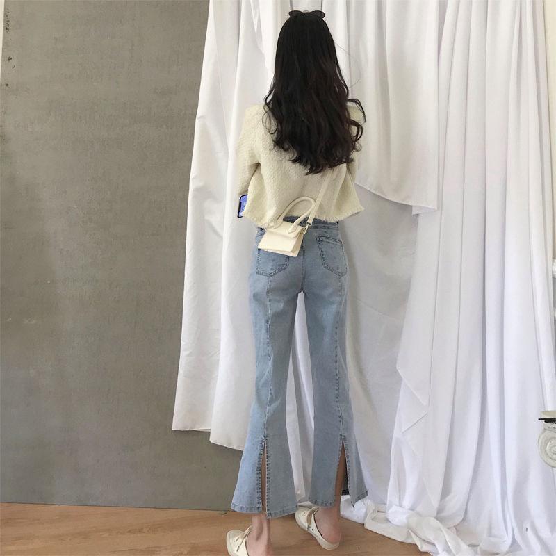 Spring Women's Light-colored Bifurcated Micro-leg Nine-point Pants, High-waisted and Thin Western-style Bow Jeans