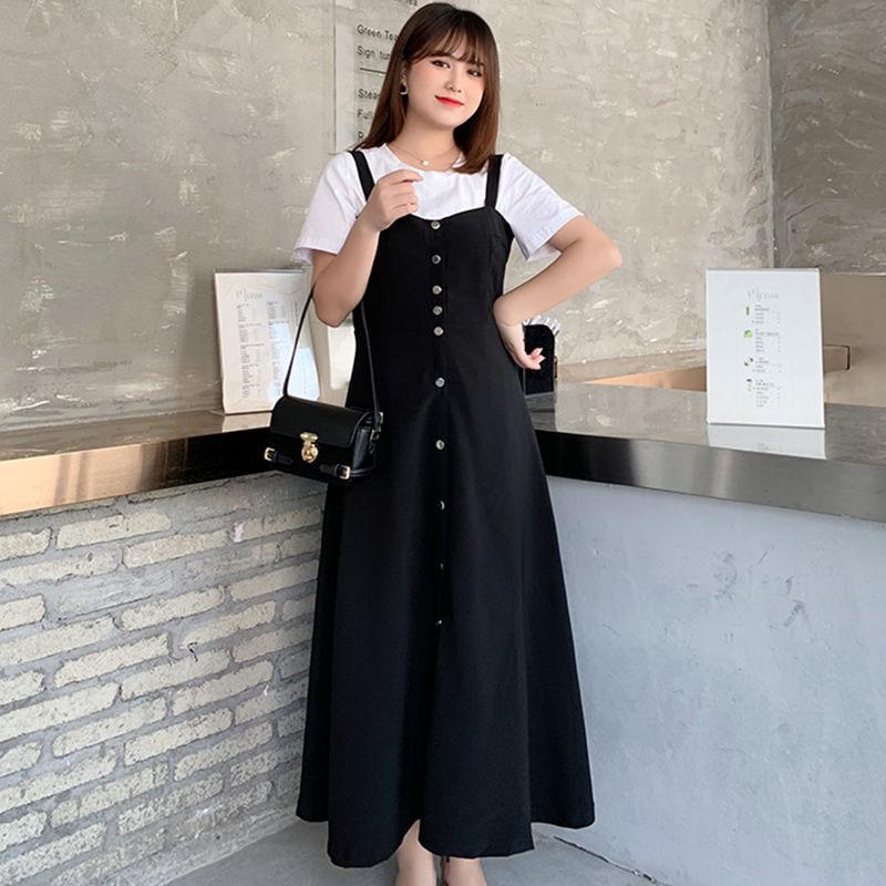 Womens Summer Dresses  Short-sleeved Shirt Top and Long  Strap Dress Two-piece Set Plus Size Outfits