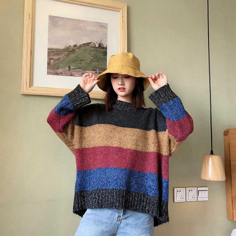 Women's Autumn  Winter Long-sleeved Hedging Striped Color-blocking Sweater All-match Casual Fashion Sweater