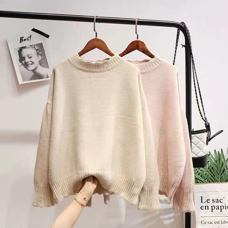 Autumn and Winter Sweater Women's Hedging Loose Solid Color Petal Collar Base Sweater