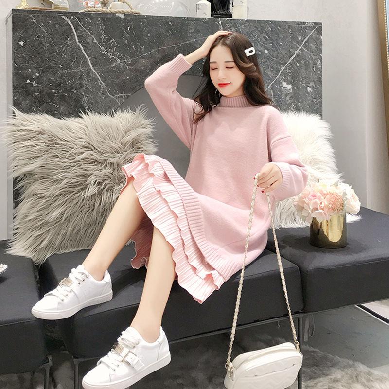Autumn and Winter Plus Size Mid-length Dress Mid-length Thick Loose Base Skirt Half High Neck Knitted Sweater Dress