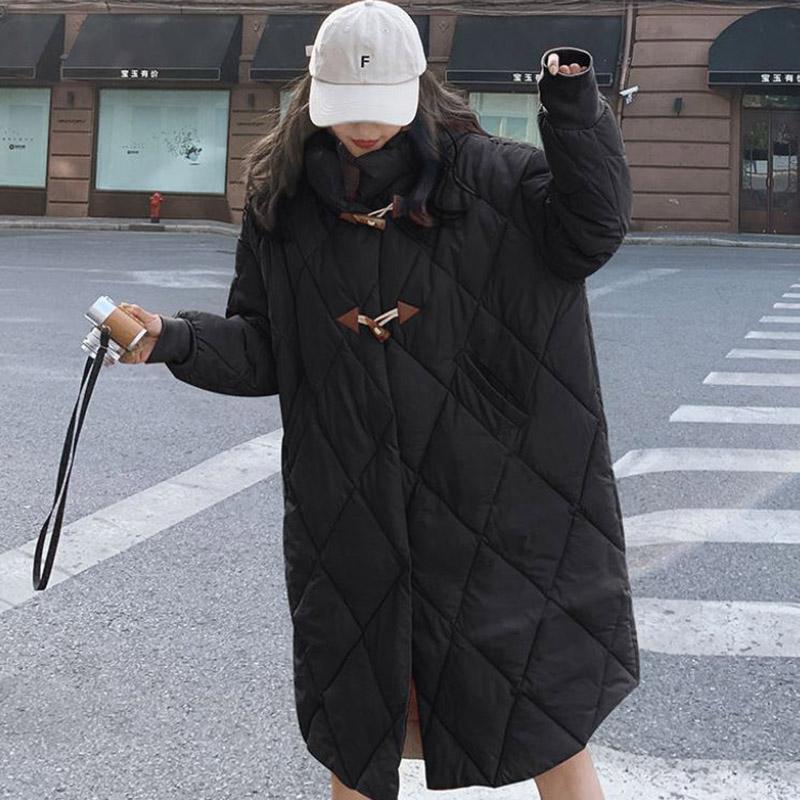 Down Jacket Winter Thick Horn Buckle Hooded Cotton-padded Jacket Korean Version of The Diamond Lattice Mid-length Over-the-knee Down Jacket for Women