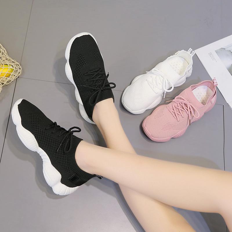 Women's Shoes Casual Sneaker Knitting Fabric Ladies Shoes Mesh Comfort Lace-up Flat Platform Shoes