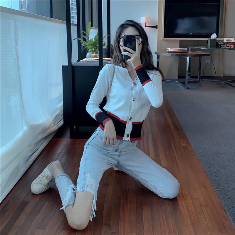 Women's slim slimming V-neck short sweater coat wild sweater long-sleeved button cardigan