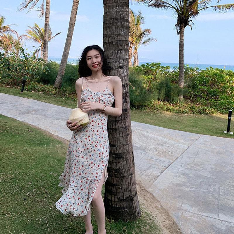 Floral Pearl Sling Dress Summer Mid-length Split Sweet First Love Dress
