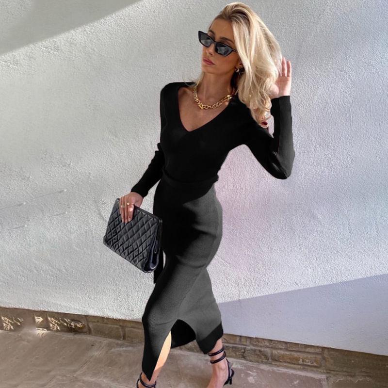 Deep Sexy V-neck Long-sleeved Lace-up Midi Skirt