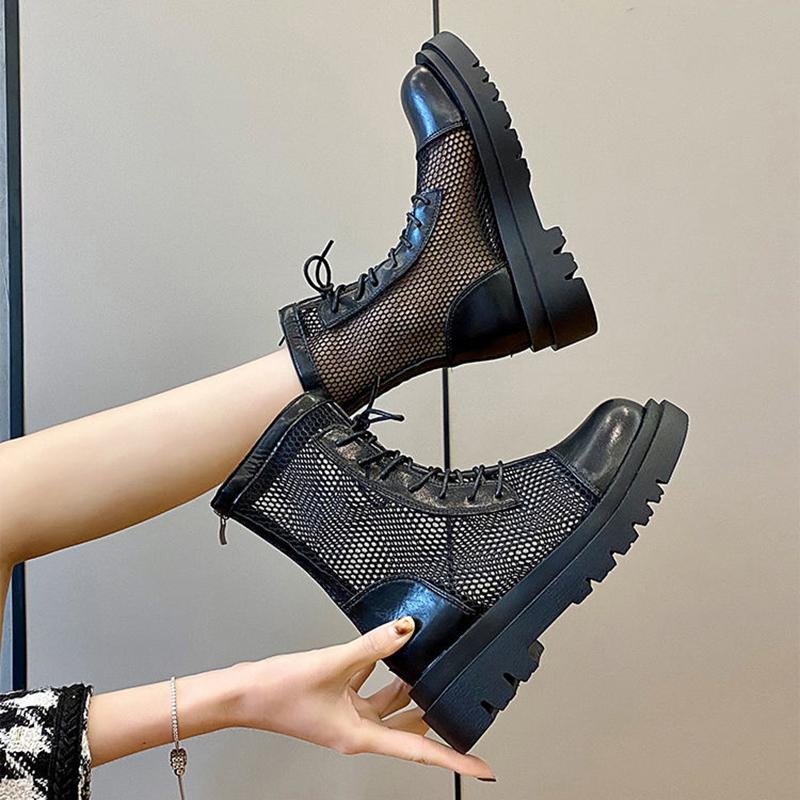 Women's Soft Leather Mesh Martin Boots Summer Sandals All-match Back Zipper Flat Ankle Boots