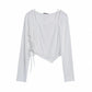 Short Solid Color Long Sleeve T-Shirt Female Student Drawstring Sling Long Sleeve Top Women