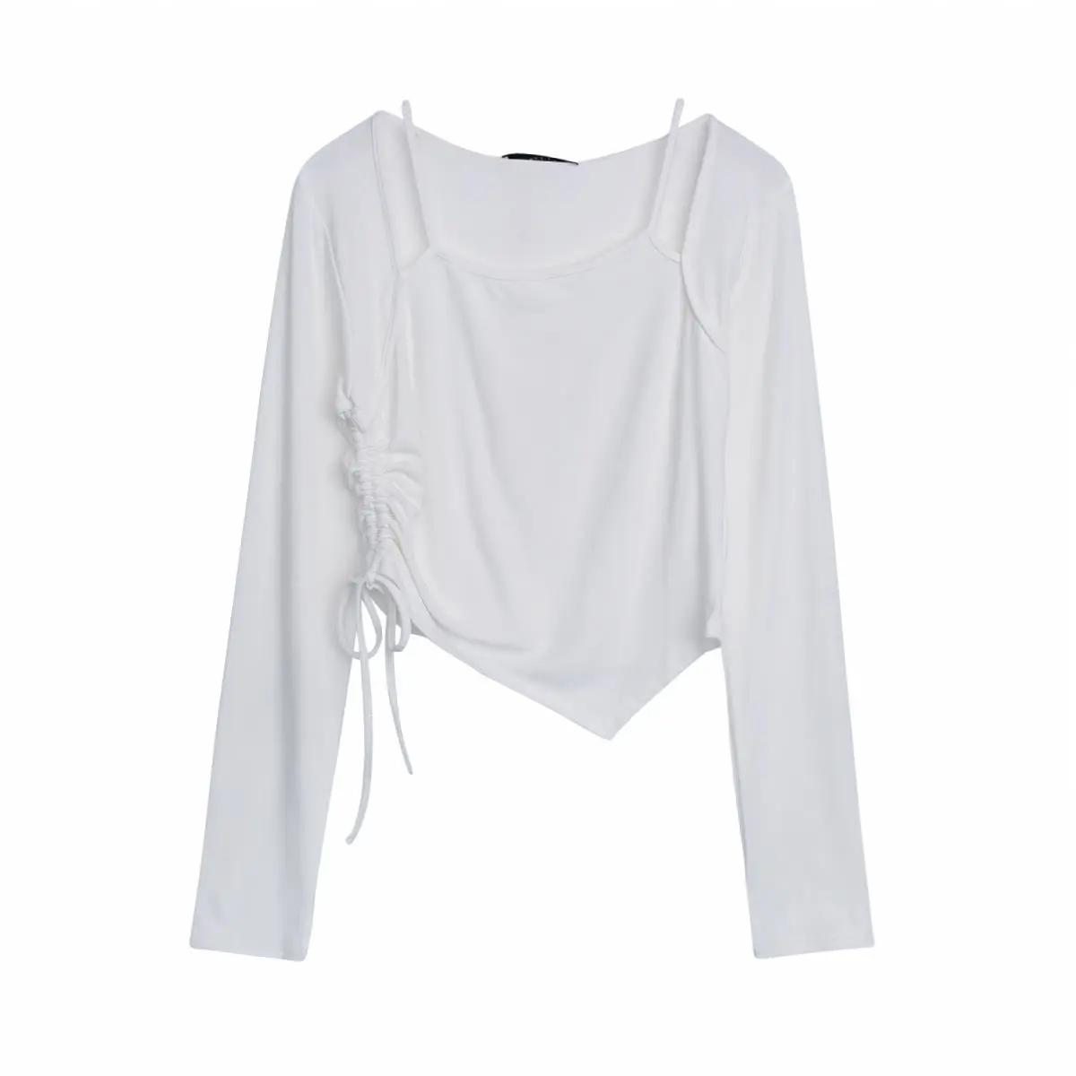 Short Solid Color Long Sleeve T-Shirt Female Student Drawstring Sling Long Sleeve Top Women