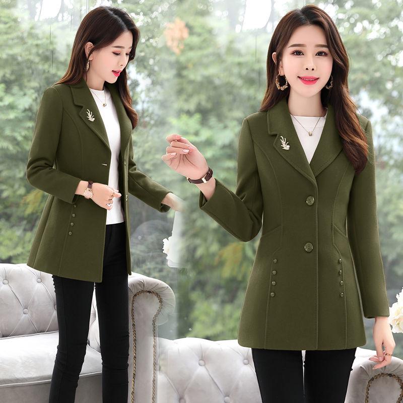 Autumn Winter Elegant Brooch Women Coats Warm Woolen Long Sleeve Slim Outwear Lapel Cardigan Jacket