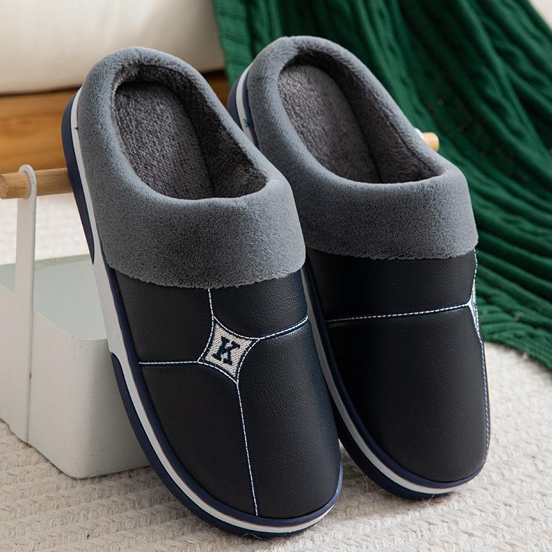Lovers PU Lint Slippers Household Waterproof Thick-soled Warm Cotton Slippers Winter Indoor Couple Hair Slippers