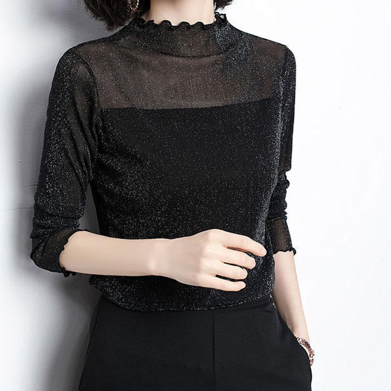Women T-Shirts Ladies Long Sleeve See-Through Top Clubwear Tulle Bright silk Black Tees Pullover