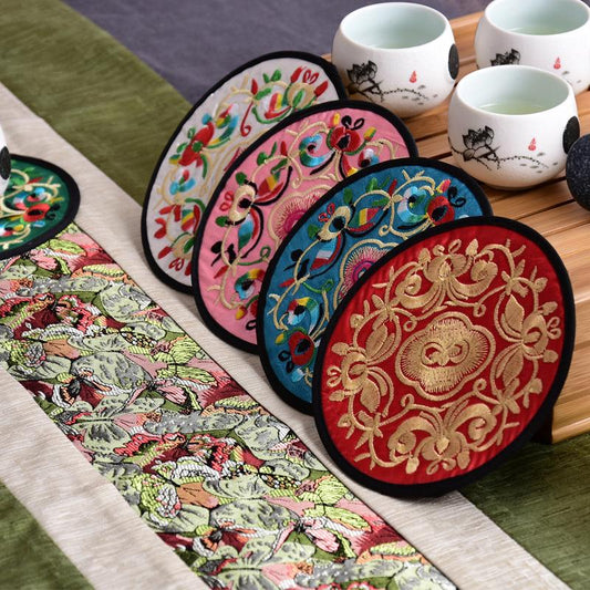 1PC Vintage Embroidered Teacup Mat Table Decoration Placemats Cloth Coaster Colorful One Size