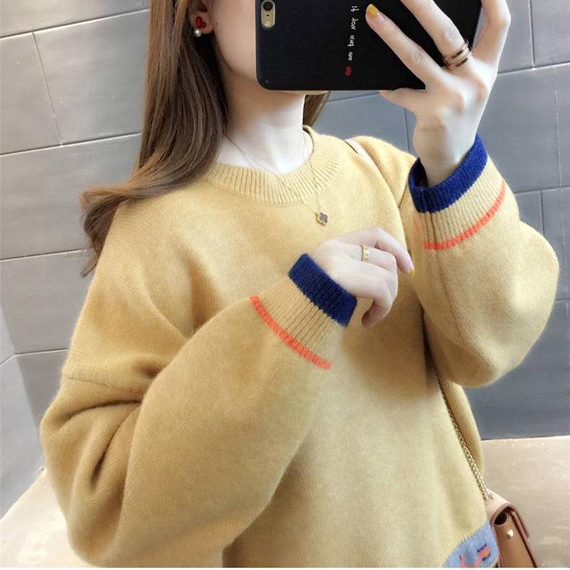 Autumn and Winter Womens Round Neck Color Matching Comfortable Loose Without Velvet Sweater Pull