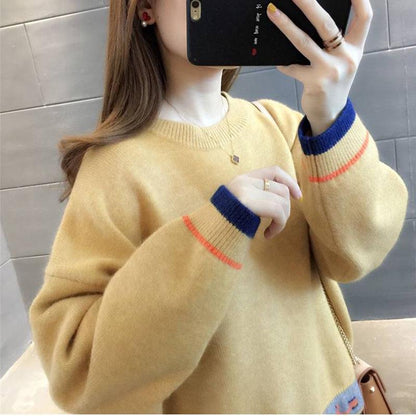Autumn and Winter Womens Round Neck Color Matching Comfortable Loose Without Velvet Sweater Pull
