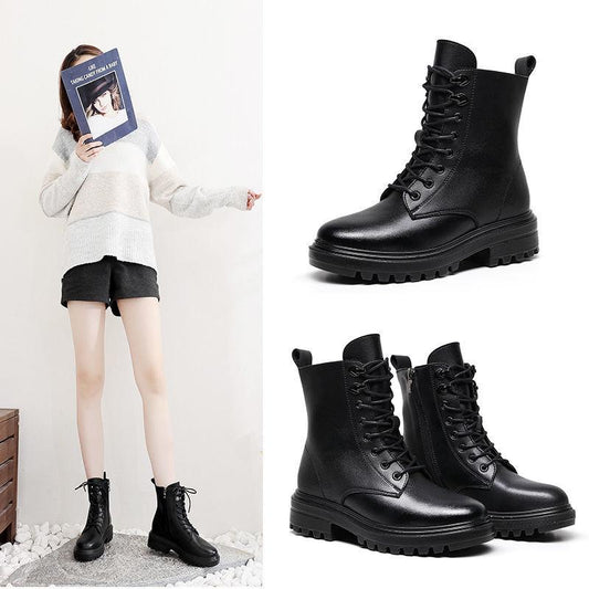 Waterproof Genuine Leather Boots Female British Style Autumn  Winter Chunky Heel Boots Plus Velvet Ankle Boots Outdoor Working Boots
