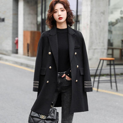 Fashion Winter Jacket Women's Double Breasted Mid-length Wool Coat Solid Color Loose Female Woolen Jacket Plus Size S-XL